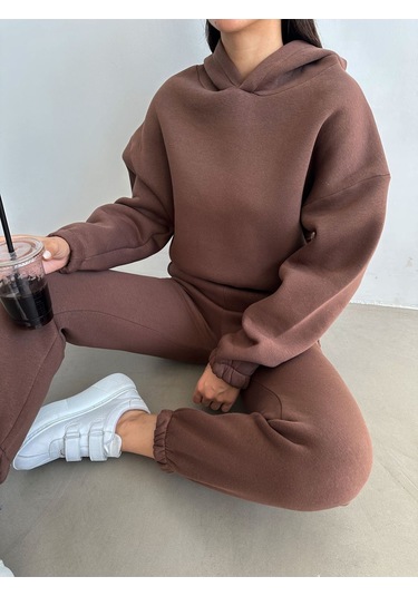 Kadın Pamuklu İçi Polarlı Basic Eşofman Takımı Kahverengi
