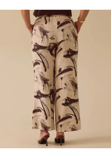 Gala-xi Kadın Büyük Beden Desenli Geniş Paça Pantolon 10002511014003 Krem