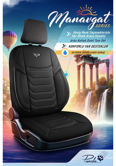 Siyah - Gri Panda Manavgat Serısı Lakos Kumaş Oto Koltuk Kılıfı - Tam Set