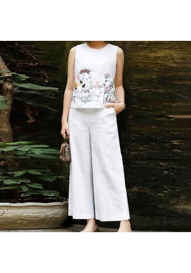 Zanzea Kadın Çiçek Baskı Tankı Üstleri Ve Pantolon Yaz Rahat Iki Parçalı Takım Elbise Seti Beyaz Zanzea Kadın Çiçek Baskı Tankı Üstleri Ve Pantolon Yaz Rahat Iki Parçalı Takım Elbise Seti Beyaz