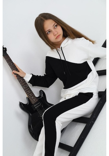 Kız Çocuk %100 Pamuk Garnili Kapüşonlu Uzun Kol Alt&üst Eşofman Takım-eşt-0018 Beyaz