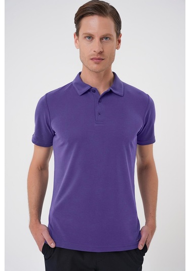 Slim Fit Düğmeli Polo Yaka Pamuklu Mor Tişört Ts 879 Mor