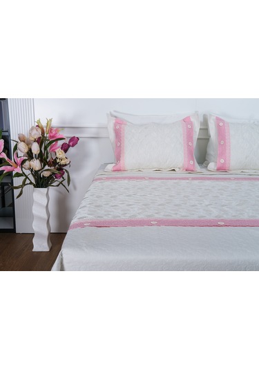 Finezza Gülfem Pamuk Baskılı  Krem Pembe Yatak Örtüsü Seti Çift Kş. 6 Parça