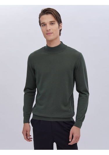 Kip Yeşil Yarım Balıkçı Yaka Düz Örgü Yün Karışımlı Triko Çok Renkli