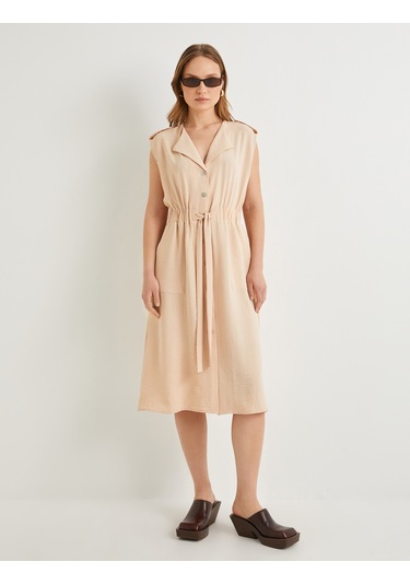Koton Midi Gömlek Elbise Beli Kuşaklı Düğmeli Cepli Apoletli Bej 4sak80001pw Ekru