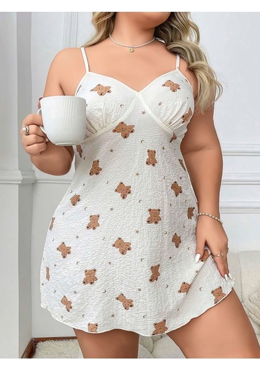 Arias Closet Büyük Beden Ayıcık Desenli Pamuklu İnce Askılı Mini Gecelik Beyaz