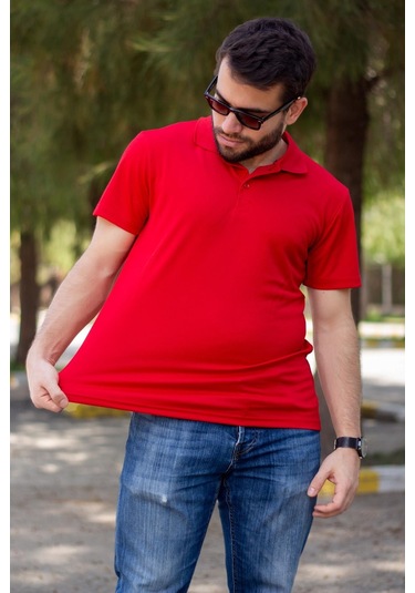Erkek Kırmızı Petek Tam Esnek Likralı Rahat Ribana Kol Polo Yaka T-shirt 24eplysnsp 001