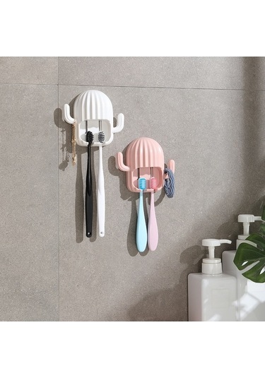 Pazly Yapışkan Kaktüs Delmesiz Çok Amaçlı Diş Fırçası Organizatörü - Elektrikli, Takı, Saç Bandı Beyaz, Ergonomik Tasarım Beyaz