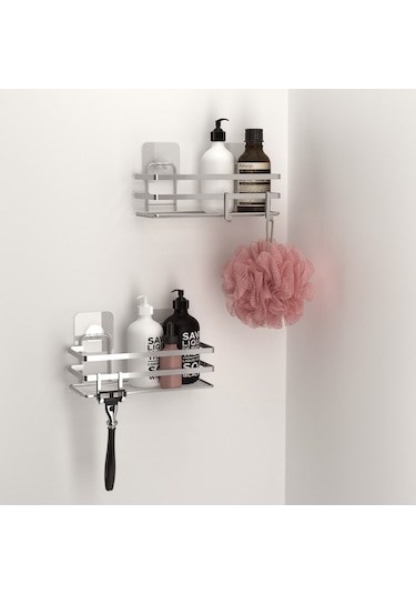 TEKNOTEL YAPIŞKANLI KANCALI 2 ADET BANYO RAFI SİLVER ST281H Çok Renkli