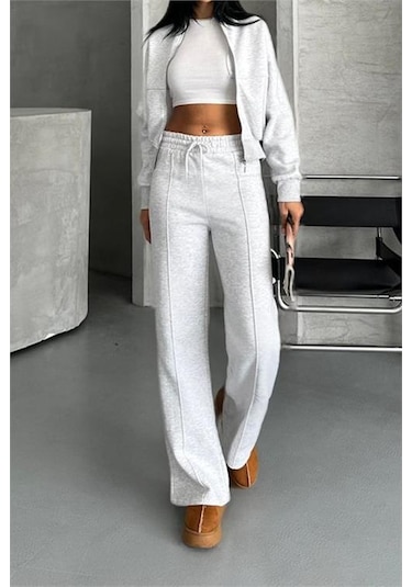 Neşeli Butik Kadın Pamuklu Kışlık Rahat Kesim Eşofman Takımı Nbg112 Gri