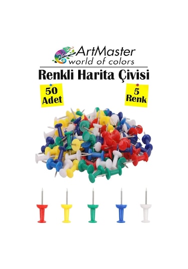 Renkli Harita Çivisi 50 Li 1 Paket Mantar Pano Raptiyesi Renkli Pano İğnesi Okul Büro Renkli Harita Çivisi Ofis 1 M