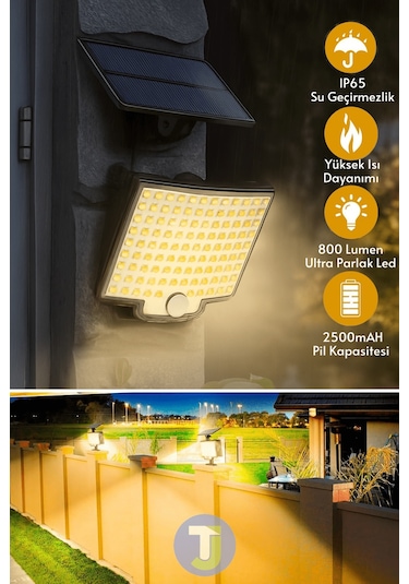 Technojet 106 Led Solar Duvar Lambası Smd Sarı Işık, Kumandalı, 3 Modlu, Ip65 Bahçe Aydınlatma