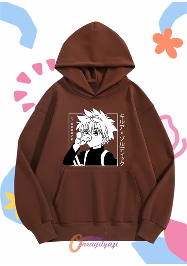 Çocuk Unisex Hunter Killua Anime Baskılı Oversize Kapüşönlü Sweatshirt Kahverengi