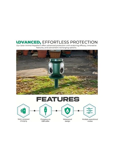 Motion003 1 Paket Güneş Enerjili Hayvan Kovucu 220 Algılama Çift Sensörlü Hareketli Led Flaş Alarm Su Geçirmez 2000mah Şarj Edilebilir