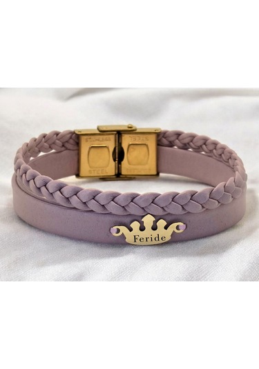 Archin Feride İsmine Özel Taç Figürlü 14 Ayar Altın Plakalı Doğal Mor Derili Hediye Bileklik-637isim Feride
