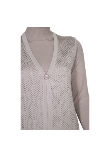 Hesna Kadın Taçlı Triko Ajurlu Broşlu Yelek Taş Beji Bej