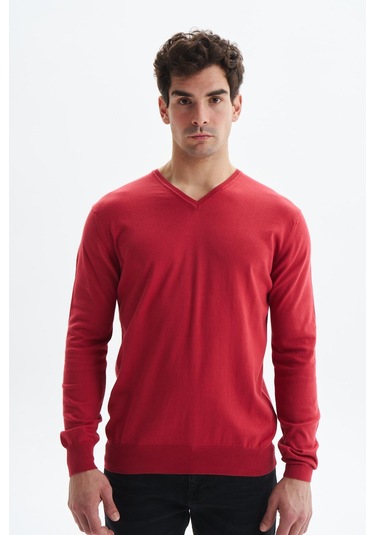 Arma Erkek Slim Fit Likralı Pamuklu Örme V Yaka Triko Kazak K0kro0854 Kırmızı