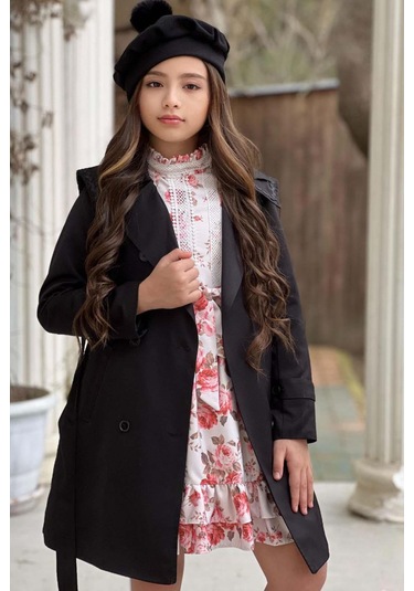 Riccotarz Kız Çocuk Üzeri Dantel İşlemeli Elbise Çift Cep Detaylı Kemerli Siyah Trençkot Siyah