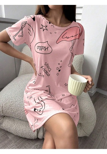 Bella Notte Pembe Baskılı Kısa Kollu Göz Bandı Hediyeli Pijama Takımı