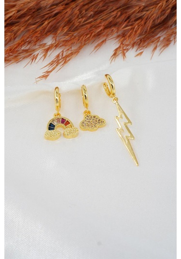 Kadın Baget Zirkon Taşlı Bulut ve Şimşek Figürlü 3'lü Set Küpe Çok Renkli