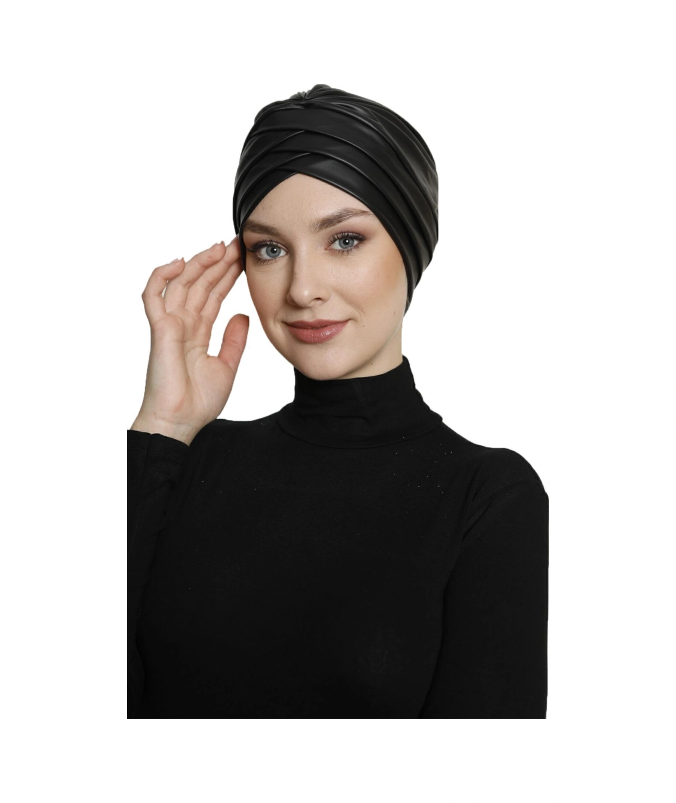 Üç Bantlı Deri Siyah Astarlı Hazır Türban Tesettür Bone Siyah