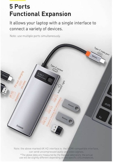 Baseus Metal Gleam 5in1 Multifonksiyonel Type-C Hub Dock Station