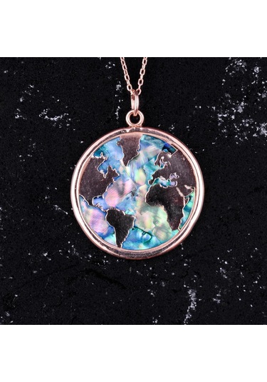 Dünya Haritası Kolye, 925 Ayar Gümüş Rose Gold Kaplama Kolye, Farklı Dünya Tasarımı Gümüş