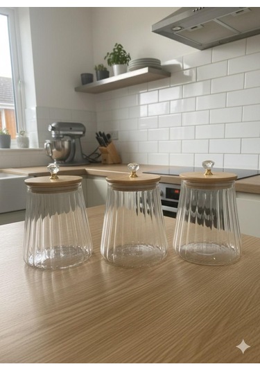 Qerhome Borosilikat Cam Kristal Figürlü Şık Çizgili Chef Prime Cam Kavanoz Mutfak Seti 3 Adet 750 Ml Şeffaf