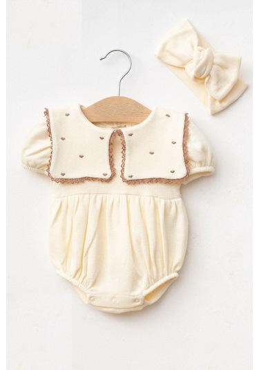 Kız Bebek Maita Kalp Nakışlı Waffle Yazlık Tulum Ekru