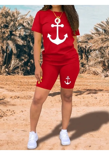 Gülsüm Aydın Kadın Kısa Kollu Çapa Baskılı Viskon Ikili Takım Kırmızı