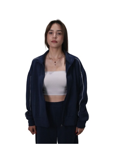 Kadın Modal Kumaş Kontrast Detaylı Rahat Kalıp Lacivert Ceket Hırka Lacivert