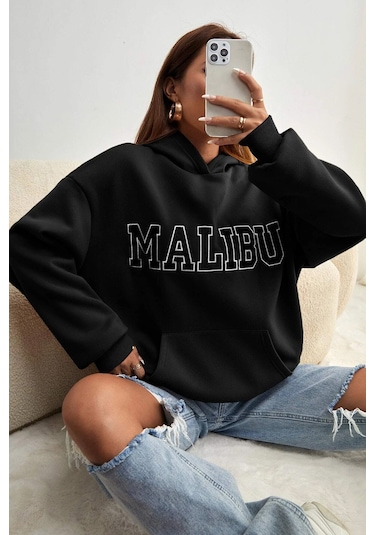 Malıbu Baskılı Oversize Sweatshirt Siyah