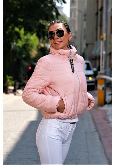 Kadın Pudra Dik Yaka Su Geçirmez Kısa Şişme Mont