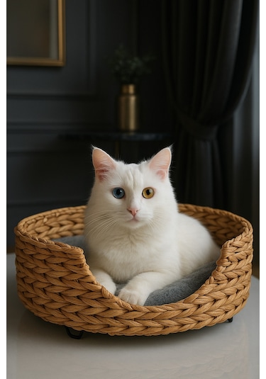 Dekoratif Hasır Kedi Köpek Yatağı Sepet 46x35x36cm