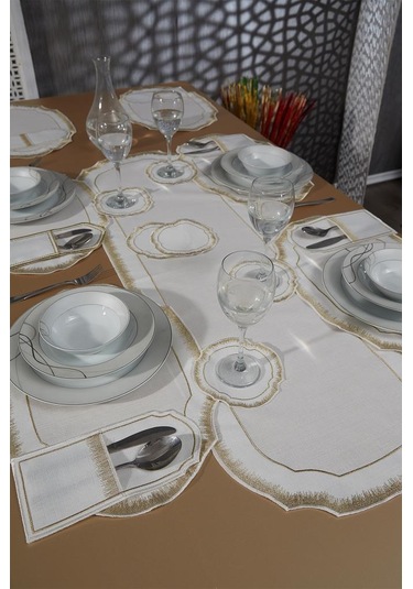 Aslı Keten Nakışlı Amerikan Servis Takımı 19 Parça Gold Gold