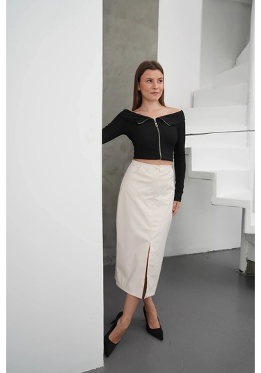 Yırtmaçlı Uzun Deri Etek Krem Krem