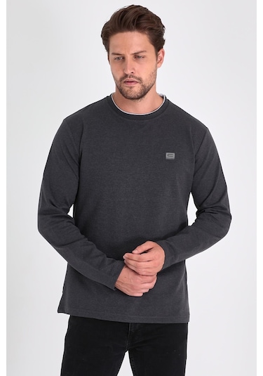 MMetalic Erkek Antrasit Çift Bisiklet Yaka Baskı Detaylı Standart Rahat Kesim Sweatshirt Antrasit