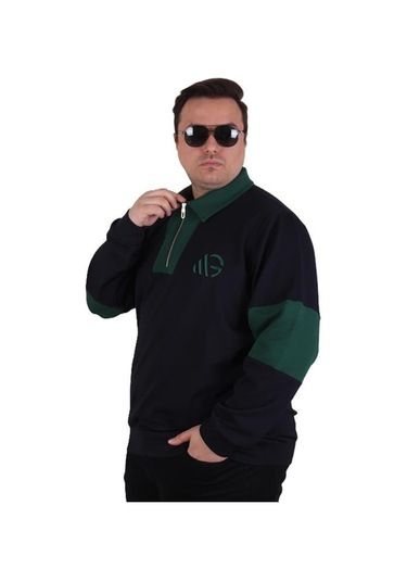 Starbattal Büyük Beden Polo Yaka Fermuarlı Sweat Double Face 25709 Lacıvert Lacivert