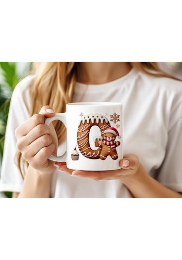 O Kurabiye Harf Ve Ayıcık Detaylı Kupa Bardak - Yeni Yıl / Yılbaşı Temalı Tasarım - Noel Hediye Beyaz