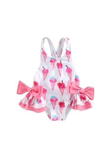 Petityu Çapraz Sırt Yanı Fiyonk Detaylı Beyaz Pembe Dondurma Mayo