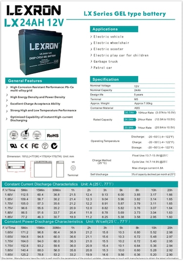 Lexron 24 Ah-12v Jel Elektrikli Araç Aküsü