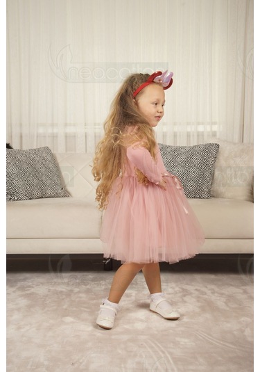 Tüllü Baskısız Düz Üst Kısım Ribana Alt Kısım Astarlı Tütü Etek Kız Çocuk Prenses Uzun Kollu Elbise Uzun-gülkurusu Gülkurusu