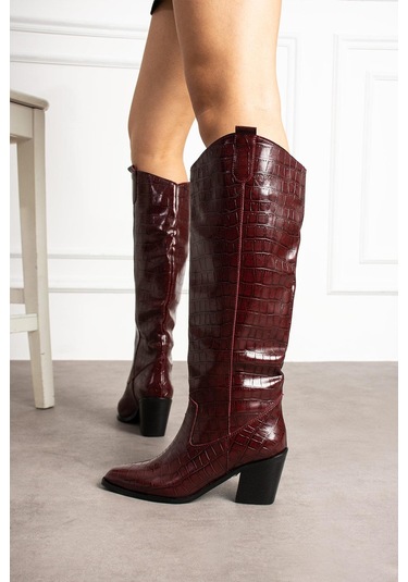Shoetek Helia Kadın Çizme Kovboy Kroko Desenli Bordo Deri Bordo