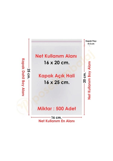 16x20+5 Cm. 16x25 500 Adet Şeffaf Bantlı Yapışkanlı Opp Poşet