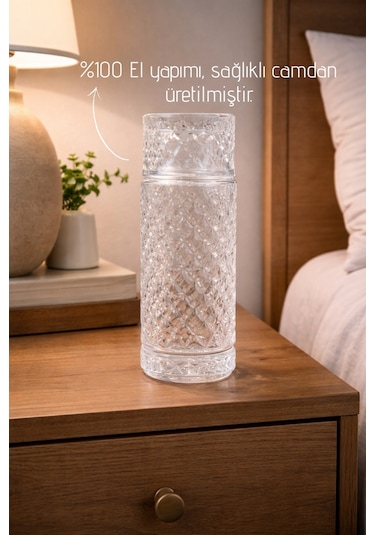 El Yapımı Cam, Kafes Modelli Başucu Sürahisi - 730ml. Bardaklı Sürahi
