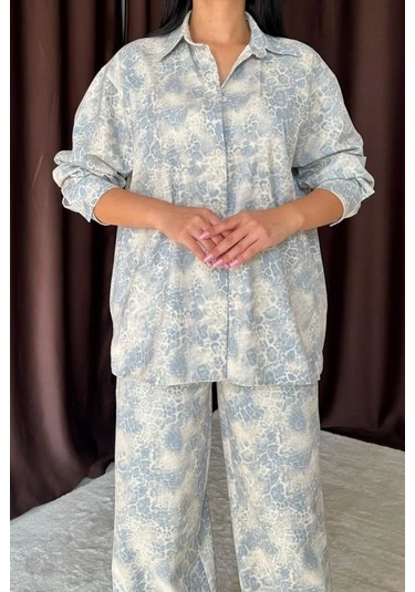 Mavi Leopar Desenli Ceket Ve Pantolon Keten Takım Mavi