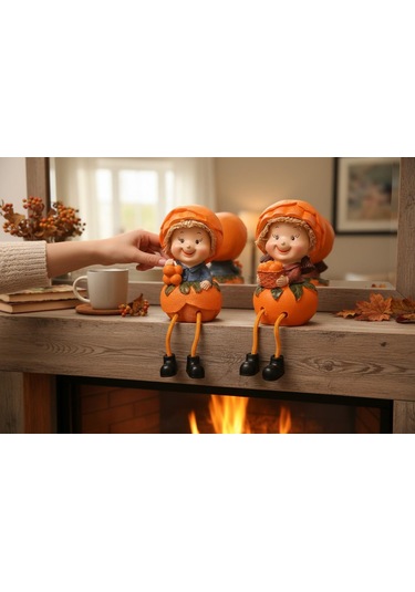 Ayakları Sallanan Portakal Kızlar Figürlü 2'li Biblo Seti Dekoratif Obje Hediyelik 24 Cm. Büyük Boy