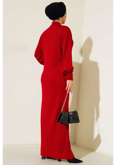Bigdart 15900 Boydan Tesettür Triko Elbise - Kırmızı