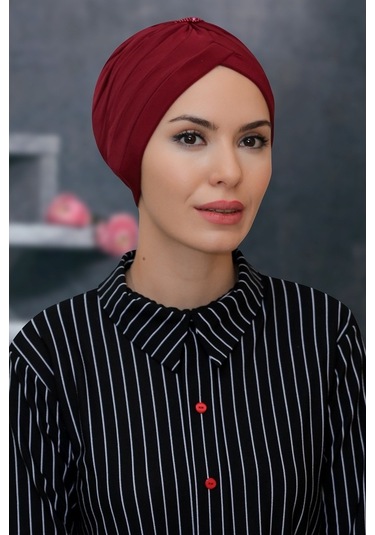 Bordo Pratik Hazır Geçmeli Tesettür Bone Sandy Kumaş Taçlı Büzgül (545490257) Bordo