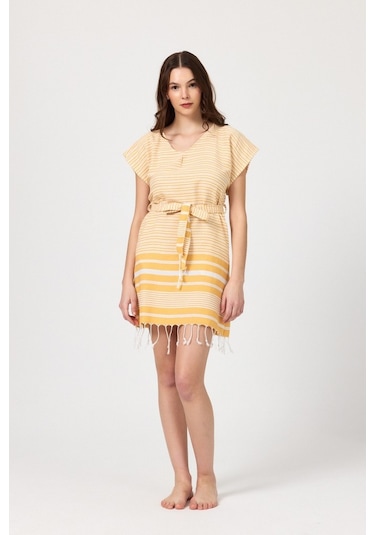 Mulberry Katya Plaj Elbisesi Tunik Pareo %100 Pamuk Sarı - Mor